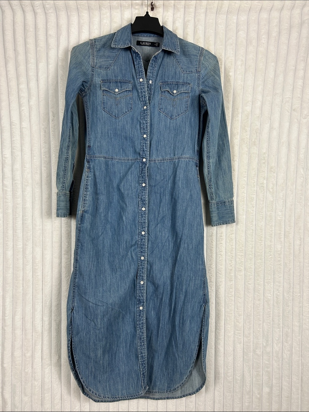 Lauren Ralph Lauren Light Blue Denim Midi pearl snap down western Shirt Dress 0